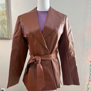 Vintage Brown Faux Leather Belted Jacket – 70s Style Caramel‎ Wrap Coat